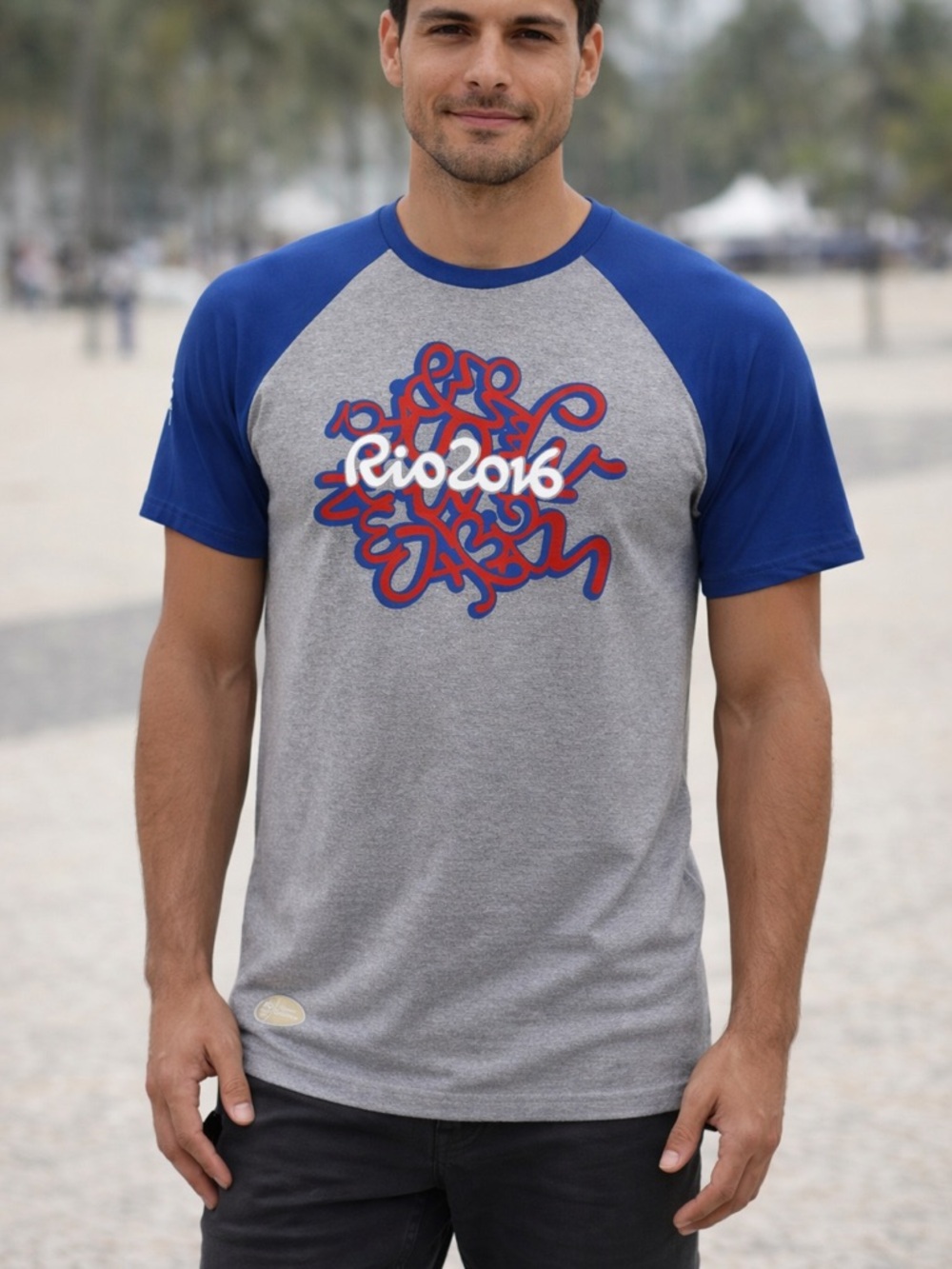 Rio 2016 Olympic T-Shirt NWT Raglan Gray Blue Size L Official Event Tee